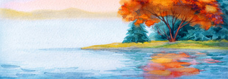 Bright hand drawn fresh haze mist fog cloud smoke dusk scene paper text space artwork sketch backdrop. Red orange color paint wood pine plant grass hill calm weather day scenic creek swamp coast viewの写真素材