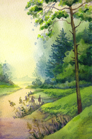 Hand drawn bright watercolour artwork paint sketch on paper backdrop text space on light pink color clouds. Autumn dark rural cloudy mist scene view. Lush fall reed shrub reflect in quiet fog brookの写真素材