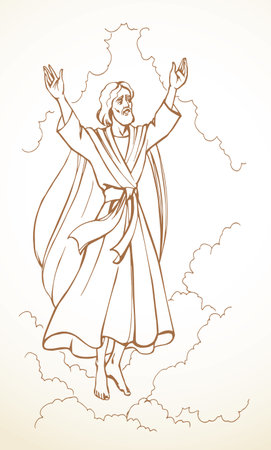 Saint holy male jew lord savior rise up arm devot come look love life hope rapture happy joy day old church story. Line drawn raised jewish human ascend divine glory greet light white sign art sketchのイラスト素材
