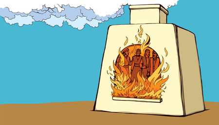 3 young age group east syria Persia law scare pain tie bound arm put jew male boy guy pray help stand big heat hot stove oven smoke sky. Hand drawn retro arab panic fear kill die art sketch idol storyのイラスト素材