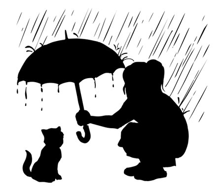 Sweet happy cheer pity joy feel smile lady good shelter save hide cover wet fur baby paw cool bad water storm. Spring day outside city town garden park walk road safe sit play nature art drawn pictureのイラスト素材
