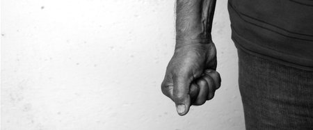 Close up bad health brutal rage mad cruel crazy mental force right palm wrist young adult black guy...