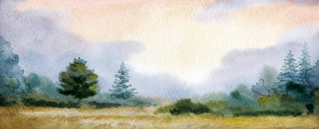 Hand drawn bright light color artwork paint sketch misty fog rain travel spruce scene paper text space backdrop. Calm fall haze smoke ripe dry grain crop scenery shrub wood fir plant mist scenic viewの写真素材
