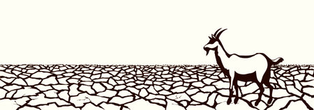 Old nomad rural lamb ram stand rough dead dirty clay sand dirt mud park heat sky hand drawn biblic Israel land art scene. Scenic bible view white lost lone dairy fawn roe alone stag pet sheep travelのイラスト素材