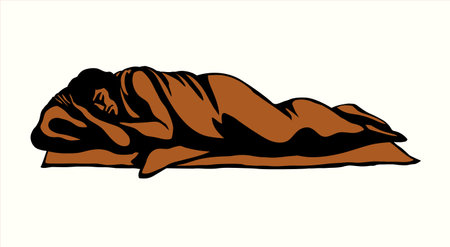Young adult age sad needy guy kid Saul face white Jacob ground floor sheet. Old Retro East hand drawn ill sick tired Jewish boy Samuel pray God faith Jonah stress woman girl child body story art signのイラスト素材