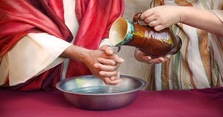 Closeup retro age east Israel jew temple rite sign pitcher pour wet arm. Female maid girl work serve...