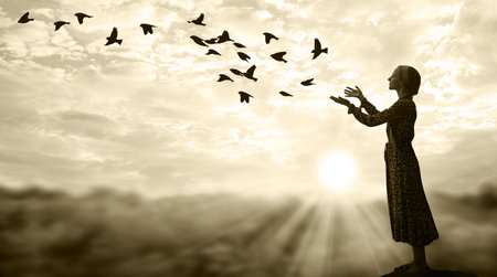 Lone mental worry sad lady face wish love praise thank holy god help light blue sky text space. Alone devot young teen kid soul help trust raise bless avian dove spirit draw vintage wild sign conceptの写真素材