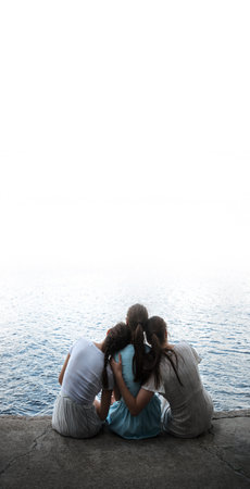 Sad rural adult family behind rear view hand arm funny love travel life light sky text space. lady...