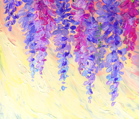 Bright gouache paint summer pattern view. Vibrant lavender hand drawn acrylic on light paper in retro canvas brush artwork card style. Delicate magenta color fresh bush branch on pink sunset sky sceneの写真素材