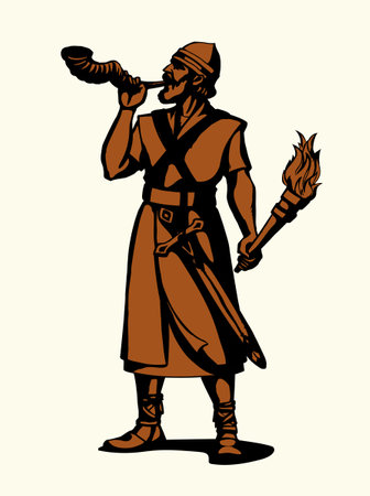 Asian jewish male prayer royal hunter king David hero stand pray god white sky Black hand drawn jew. Gideon past middl east age play fight attack sound win victory battle fire flame force retro biblic artのイラスト素材