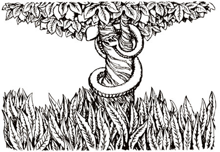 Creepy big wood park leaf plant first old ban take life tempt die story white sky view. Black hand drawn forest man person protect woman at food sign icon scene antique vintage art sketch style conceptのイラスト素材