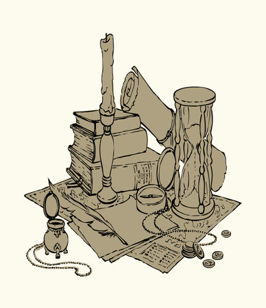 Grunge office time age worn holy god law papyrus page table diary blank novel card text space. Black line ink quill pen hand drawn dollar coin cash notice sign icon engrav biblic wisdom art still lifeのイラスト素材