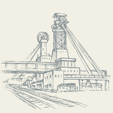 Old urban big iron mineral quarry rock mine refine excavate mill work on white sky. Black outline hand drawn heavy coal carbon crude diesel tank service icon sign text sketch as retro high art cartoonのイラスト素材