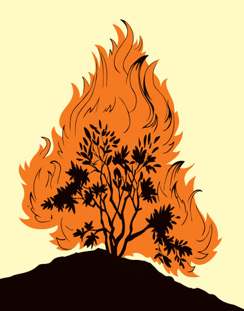 Closeup old holy bright fiery hot ash branch hazard scene view light white sky text space. Line dark black hand drawn global warm egypt life icon logo sign concept ancient art cartoon story tale styleのイラスト素材