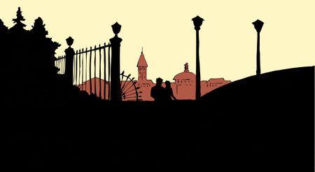 Hand drawn 2 young sad mate tourist feel look sea view sketch art. Relax boy guy feel joy meet wed lady pair talk wife old antique retro town fence lamp spring tourism autumn nature ancient rest skyのイラスト素材