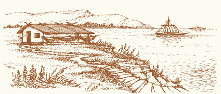 Historic age rocky stone cliff slope path road way wave quay lagoon bay beach scene hand drawn retro line art. Scenic view wood grass bush tree plant garden park lone fisher life wooden rest place skyのイラスト素材