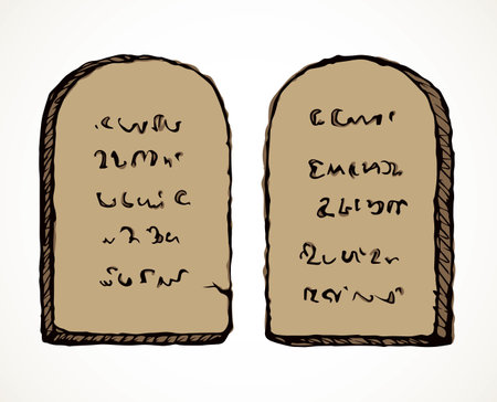 Closeup antique sinai moral decalogue order 2 line slab on white space. outline black ink hand drawn israeli ethic guidance state object logo pictogram concept design in retro art etched cartoon styleのイラスト素材