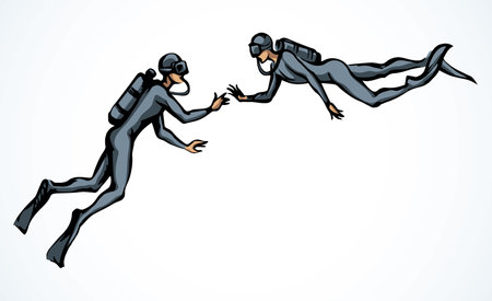 Child boy hunter oxygen fun white summer tropic aqua coral reef fish pool. Outline black drawn male human kid tourist logo design. Closeup work wetsuit swimwear view cartoon art doodle sketch styleのイラスト素材