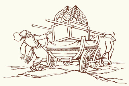 Age arc altar box angel go ride wheel dray chariot vehicl break male path road way sky. Jew try help judaism hand drawn retro gold high Moses law torah David dress cloth die fire burn sketch art styleのイラスト素材