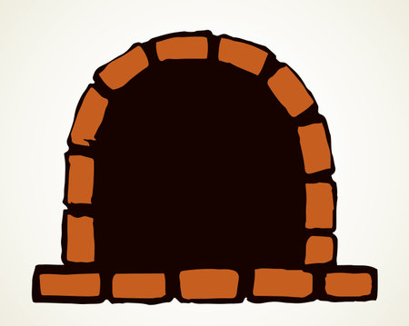 Closeup line historic cute cozy log fiery heater hearth object on white room wall text space. Outline black hand drawn folk indoor russia warmth stove place logo pictogram design in antique art styleのイラスト素材