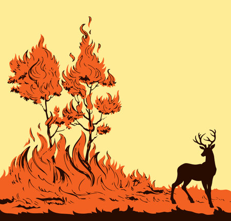 Abstract red forestry warm ignite wild glow ash view bright light text space Dark black hand draw big male adult rut rack horn beast head run risk destroy dry global climate wind icon sign concept artのイラスト素材