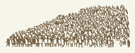 East big fun male guy boy kid child body work prayer team speaker teach preach concept. Line black hand drawn pray talk biblic Jesus Christ god old art doodle social islam row style white street viewのイラスト素材