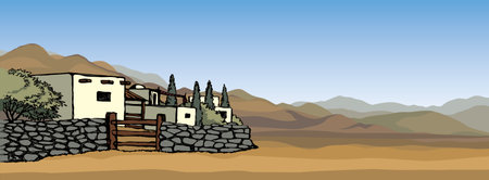 Middle age egypt cairo orient hot dry ground hill arid drought rock land oasis park scene text place sky scenic view. Hand draw asian iran oman road scene retro cartoon biblic vector art sketch styleのイラスト素材