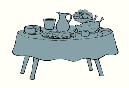 Healthy fresh tasty farm home cook white wine water hot turkey pie bbq ham snack slice piece salad sauce tavern cafe bar set. Outline black ink hand drawn past historic age art doodle line menu styleのイラスト素材