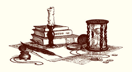 Grunge office time age worn holy god law papyrus page table diary blank novel card text space. Black line ink quill pen hand drawn dollar coin cash notice sign icon engrav biblic wisdom art still lifeのイラスト素材