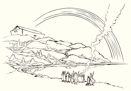 Holy human familie male son wife stand look stone ocean sea dry rock hill field land slope white sky rain cloud smoke arc view scene. Hand drawn line art sketch retro cartoon sign save life fire hopeのイラスト素材