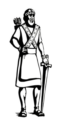 Past middle east sad angry royal Arab king David god hero stand win victory. Black hand drawn white Asian Jew think proud battle attack fight saber warfare force Persian cloth retro serious story artのイラスト素材