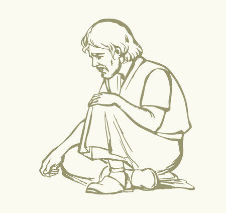 Poor rural guy rest white Asian eastern robe dress cloth look down job.  Worry sad upset Jew seat street relax wait God put lot hope retro hand drawn past age Islam arab biblic story art sketch symbolのイラスト素材