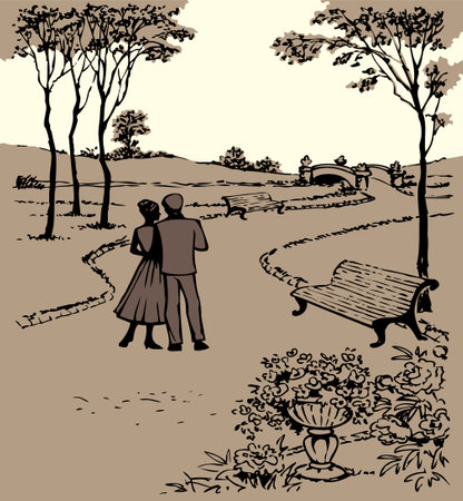 Black line hand drawn 2 mate hold arm dream feel hope alley path way scene sketch art. Back view boy guy look meet talk wed lady wife pair retro urban town city spring rest travel grass lawn white skyのイラスト素材