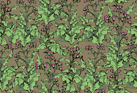 Cultivated big green edible health cosmetic bunch backdrop. Bright color hand drawn eco bio oil food spring meadow field design. Retro art doodle abstract line print style. Closeup fabric textile viewのイラスト素材