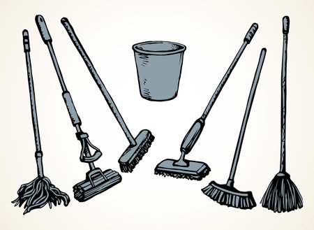 Closeup cleanse trash bristle swob object on white room text space. Outline black hand drawn health liquid swabber rag stick tub pail logo pictogram. Retro cartoon line art close up view bin containerのイラスト素材