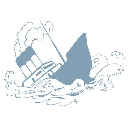 Ancient wood rusty big frigate bottom mast remain on white sky text space. Outline black hand drawn deep maritime sink wind problem galleon logo sign icon sketch in art retro doodle cartoon line styleのイラスト素材