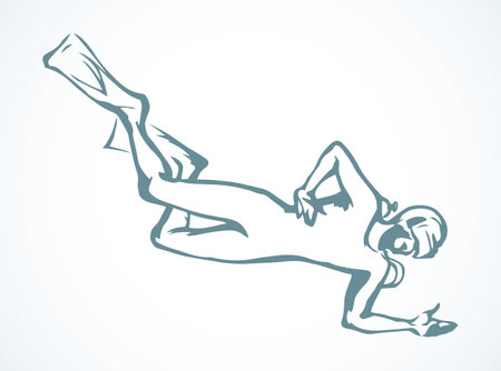 Child boy hunter oxygen fun white summer tropic aqua coral reef fish pool. Outline black drawn male human kid tourist logo design. Closeup work wetsuit swimwear view cartoon art doodle sketch styleのイラスト素材