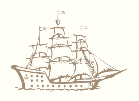 Wooden classic tall line wave buccaneer sailfish galley pictogram isolated on white sky. Outline black ink hand drawn logo sign emblem pictogram design. Art retro doodle style pen on paper text spaceのイラスト素材