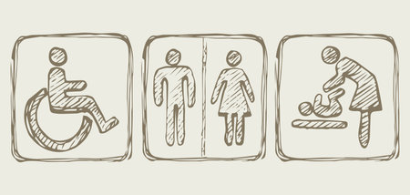 Cute medical airport loo website closet set on white enter door. Outline black hand drawn simple flat web ui gent baby parent family partner logo label button design. Modern art contour cartoon styleのイラスト素材