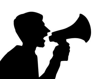 Outline black power fun work sale ad news hailer blower tool idea logo notify old retro doodle sketch art style. Funny office job human male guy leader boss worker hold yell proclaim white text spaceのイラスト素材