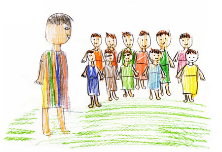 12 boy color robe dress bow talk pray god white sky. Hand drawn retro age girl prayer elder father teach son grain crop field belief faith story funny paper style sketchの写真素材