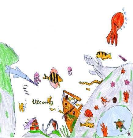 Cute funny abstract deep aqua depth ship coral reef rock stone plant flora symbol scene kid crayon hand drawn white texture picture. Wild world scenic view doodle cartoon art star sign icon text spaceの写真素材