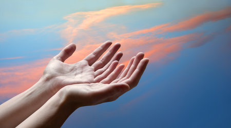 Closeup young teen lady hold 2 open cup palm beg wish reach help give bless care love life. Old text spaceの写真素材
