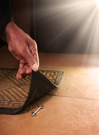 Old adult guy arm hold lift rug closeup put dorm room. Close up view female guest safe front extra lock place open real risk unlock idea symbol ahead text spaceの写真素材