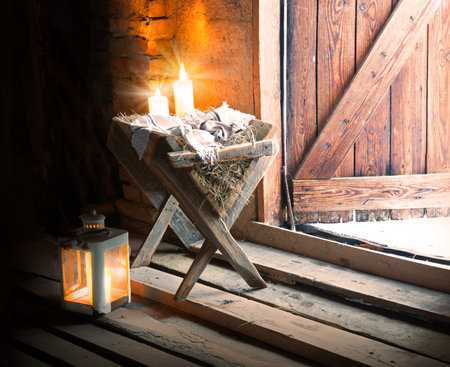 Dark black retro farm animal home hut room cloth gospel trough bed light blue sky text space story. Rustic rural board mother son boy Lord saint bless pray worship love even fire flame lamp art sceneの写真素材