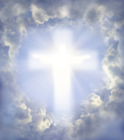 Rise high love bless happy joy pray gospel easter morn even day shape scene view. Shiny raise death soul prayer meet come free divine glory bright etern blur azure text spaceの写真素材