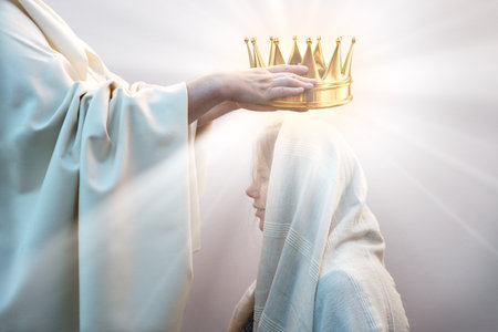 Retro old Jewish biblical faith happy male leader priest ruler man arm give young lady hold gold tiara above veil cloth. Noble best win devot trophy smile joy face pray bible belief reign hero conceptの写真素材