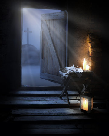 Dark black retro antique home gospel trough straw hay bed light sky text space story. Mary son child Lord holy saint bless pray love faith hope pain path road even lamp concept sceneの写真素材