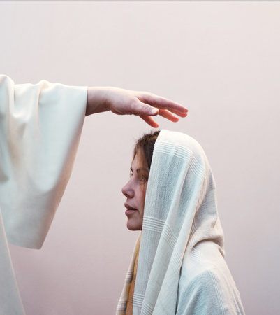 Close up old age holy jew male apostle father hold arm abov give oil cure ill sick white rite vow life. Choose call young lady face beg ask help joy hope retro biblic happy wed love bride veilの写真素材