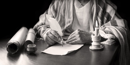 Close up top view past age holy biblic god law teacher apostle paul mail page space. Closeup arm hold inkwell draw art Peter diary card jew female human scribe notice will learn dark black wood churchの写真素材